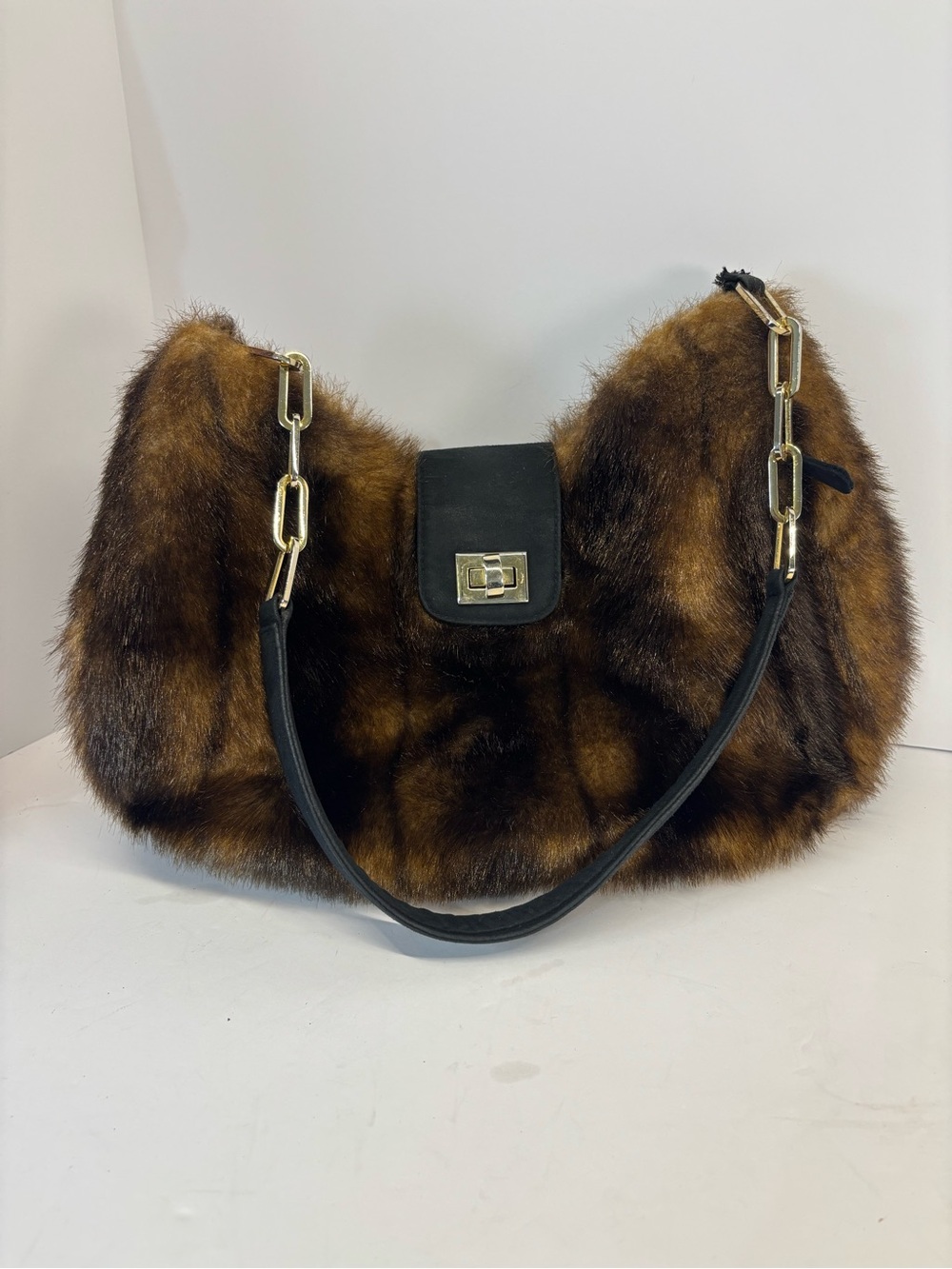 Dee Ocleppo  Faux Fur Shoulder Bag in Brown with Gold Hardware